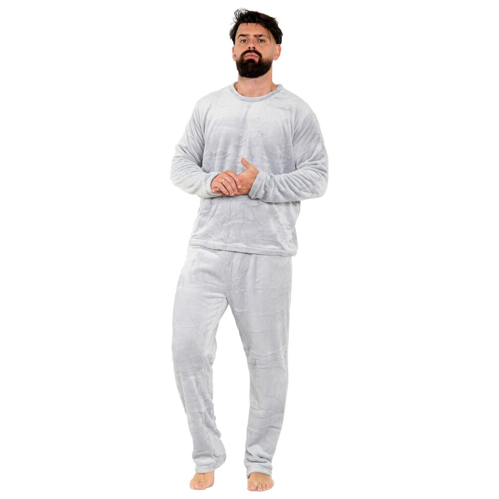 (S, Grey) Mens Fleece Adults Pyjamas 2 Piece Gift Set