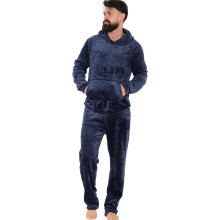 (XL, Navy) Mens Soft Warm Fleece Adults Hooded Pyjamas Set