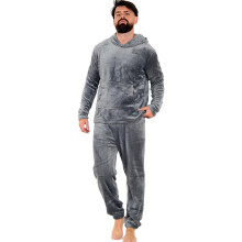 (S, Charcoal) Mens Soft Warm Fleece Adults Hooded Pyjamas Set