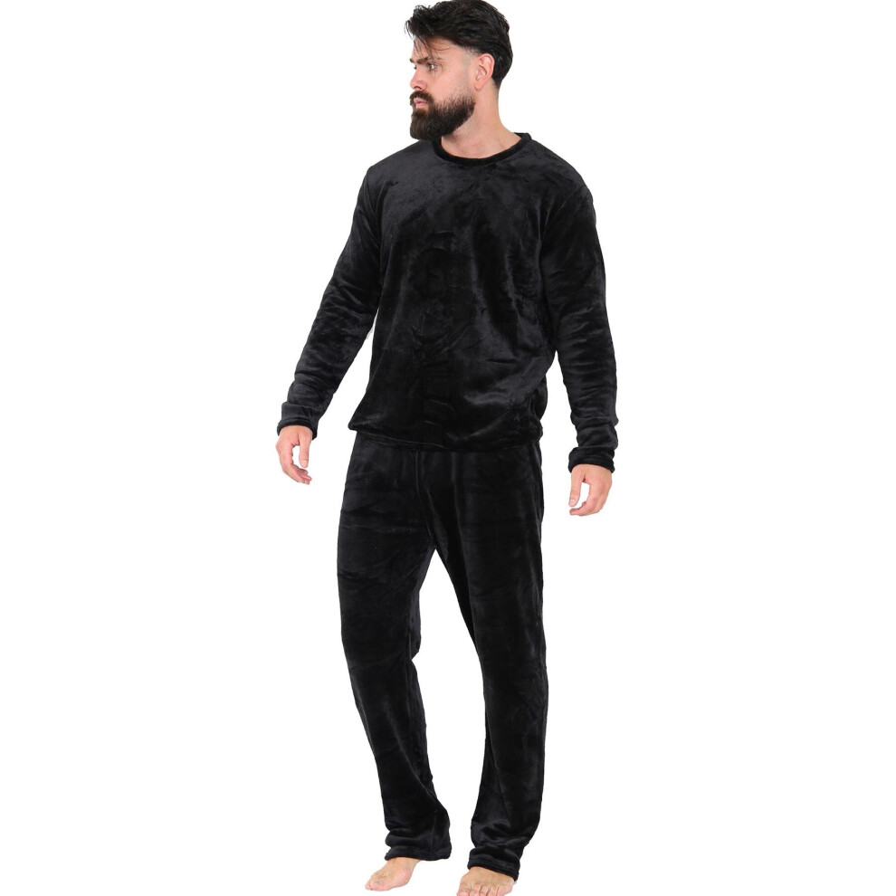 (2XL, Black) Mens Fleece Adults Pyjamas 2 Piece Gift Set