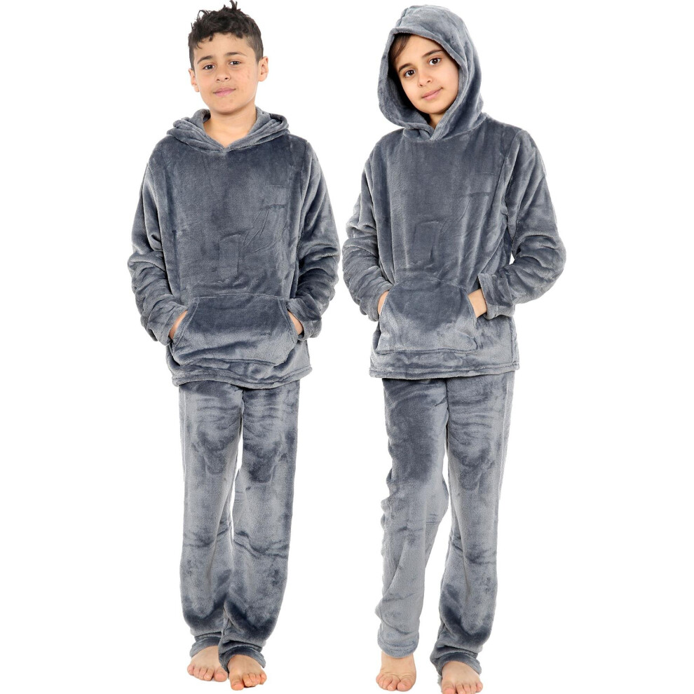 (5-6 Years, Charcoal) Girls Boys Warm Fleece Hooded Sleepwear 2 Piece Set