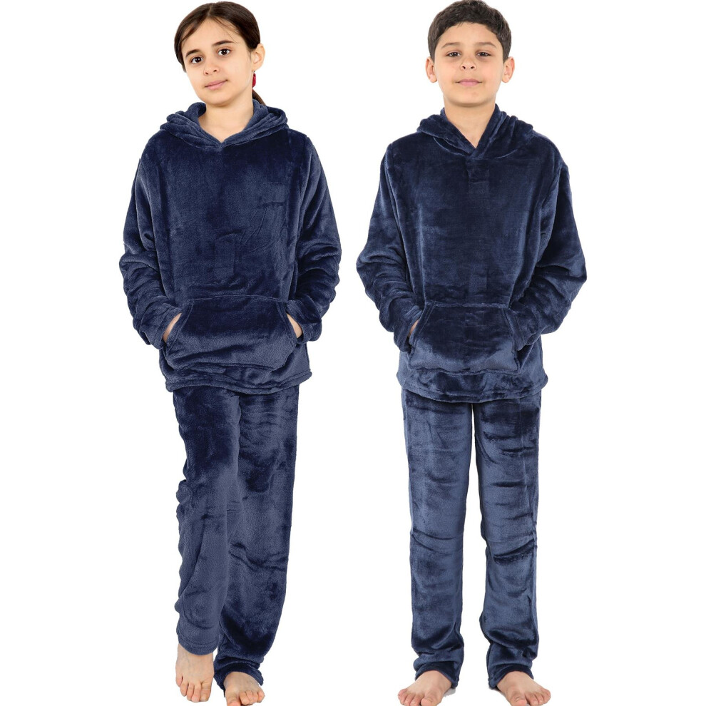 (11-12 Years, Navy) Girls Boys Warm Fleece Hooded Sleepwear 2 Piece Set