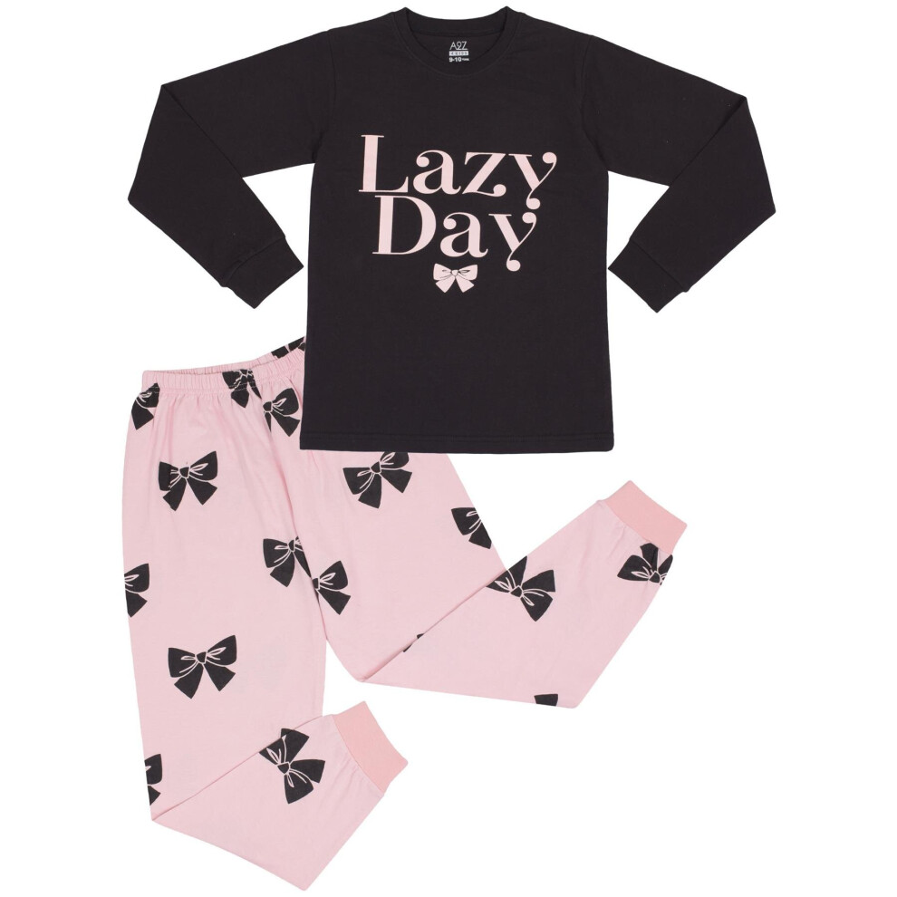 (11-12 Years, Black) Kids Girls Black Lazy Day Print Pyjamas Set 5-13