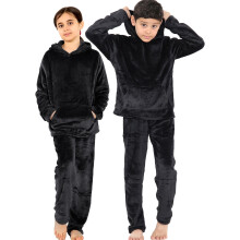 (11-12 Years, Black) Girls Boys Warm Fleece Hooded Sleepwear 2 Piece Set