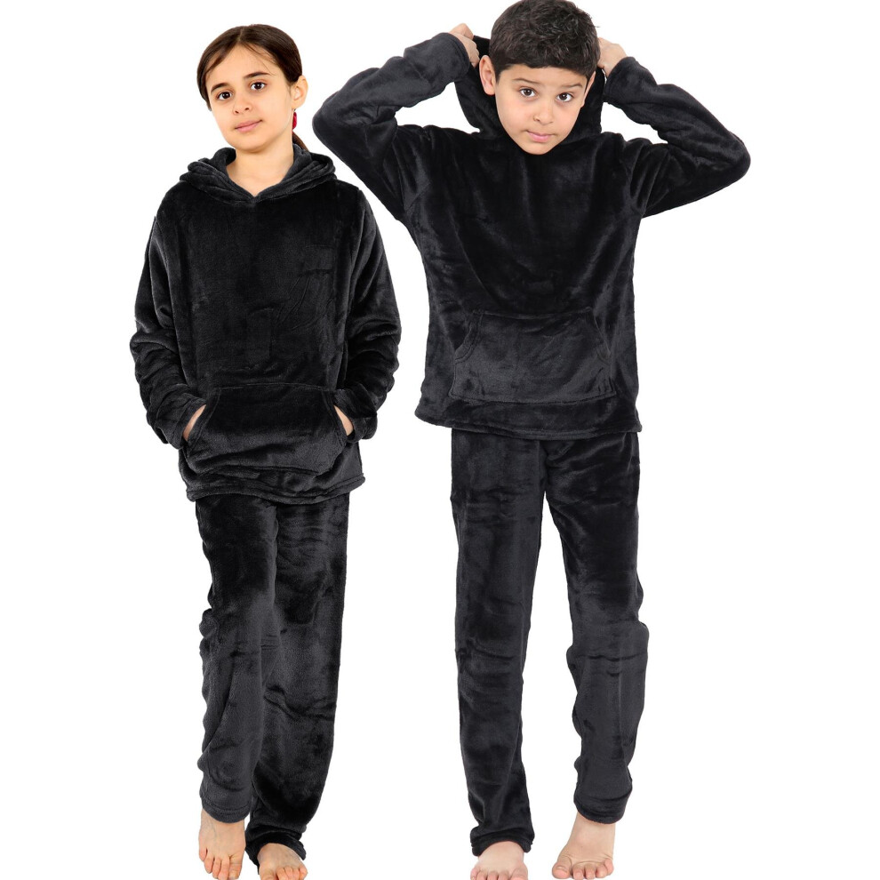 (11-12 Years, Black) Girls Boys Warm Fleece Hooded Sleepwear 2 Piece Set