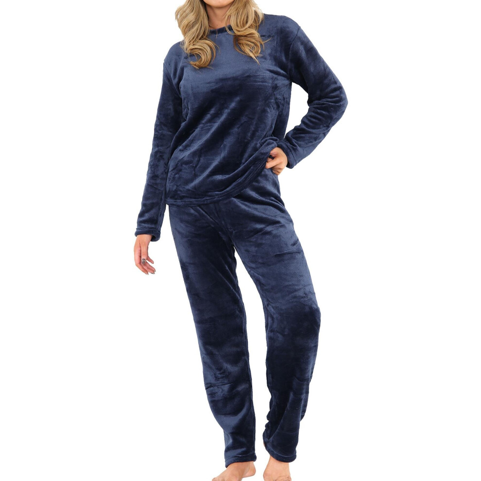 (16-18, Navy) Ladies Fleece Adults Pyjamas 2 Piece Gift Set