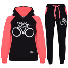 (11-12 Years, Black & Neon Pink) Girls Pedal Power Print Black & Neon Pink Tracksuit