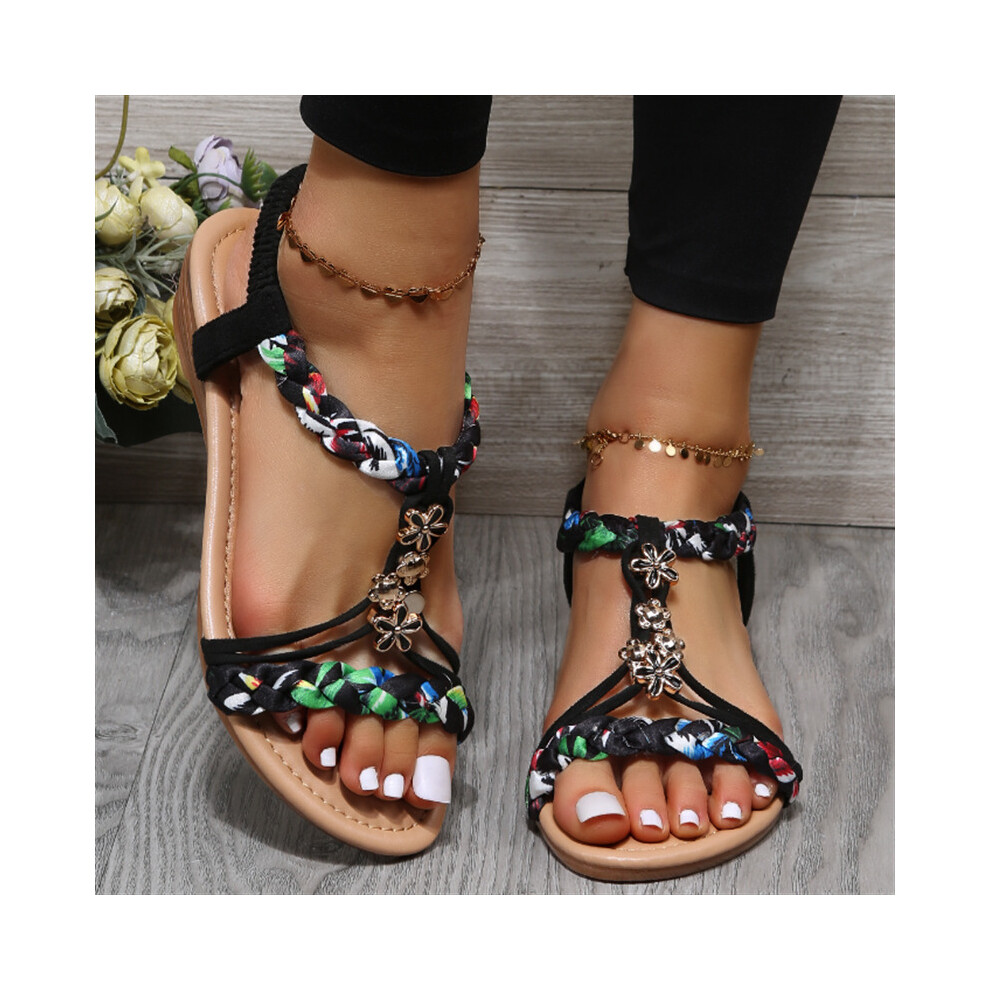 (Black, 39=Foot Length25.5cm/10.04in) Womens Comfy Strappy Sandals Elastic Ladies Summer Open Toes Bling Shoes  Gift