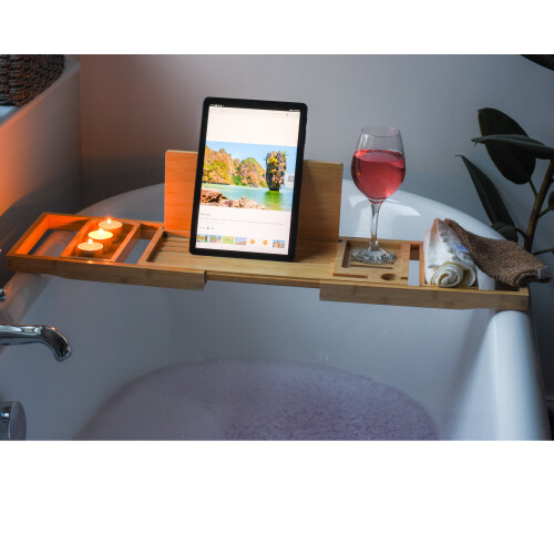 Bamboo Bathtub Caddy Tray with Extending Sides iPad Phone Holder 2
