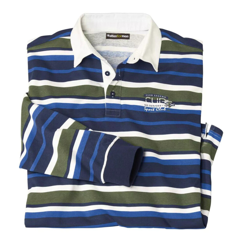 (4XL, Ecru/Navy/Blue/Khaki) Atlas For Men Mens Striped Long-Sleeved Polo Shirt