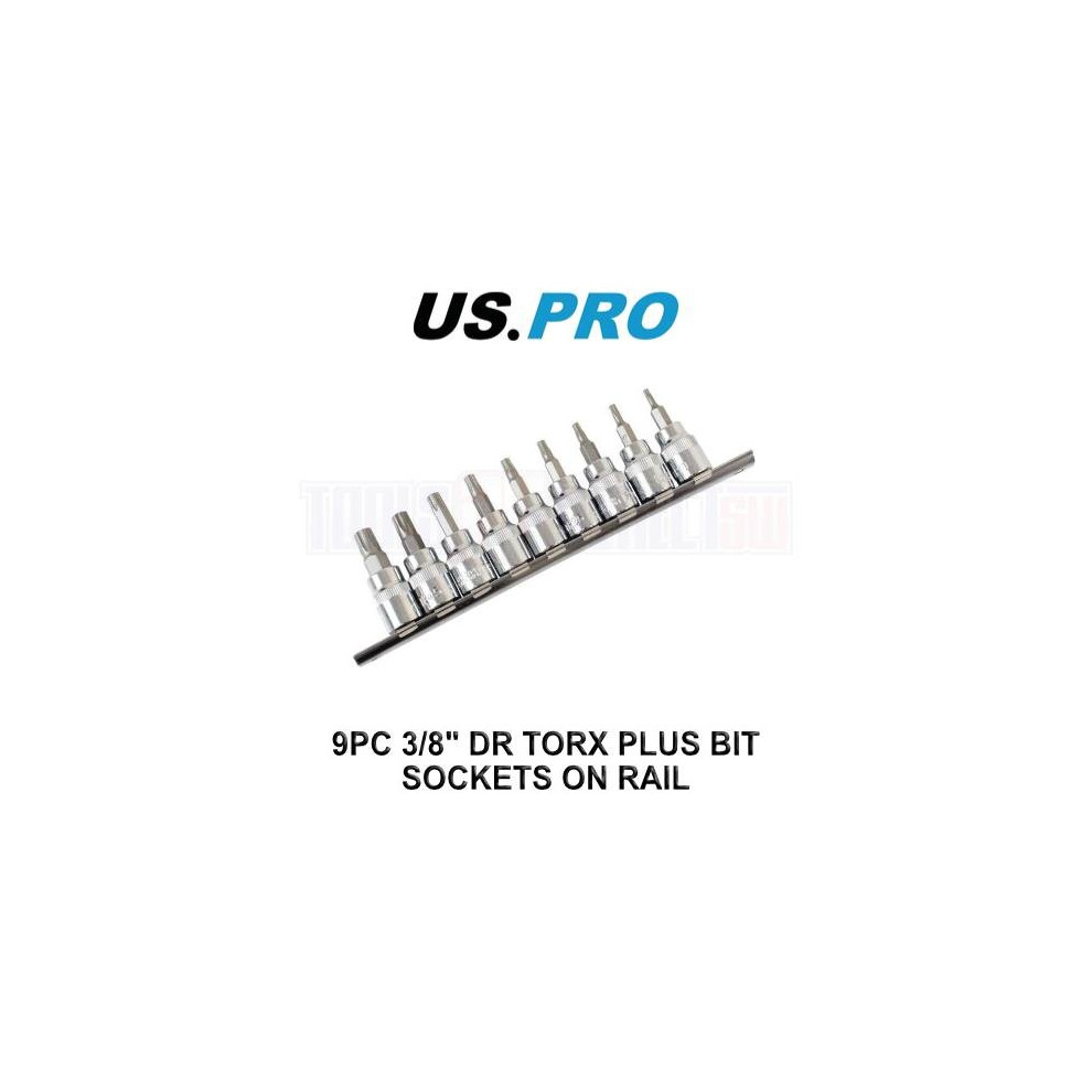 US PRO Tools 9pc 3/8" DR Torx Plus Bit Sockets On Rail TP10 - TP50 1293