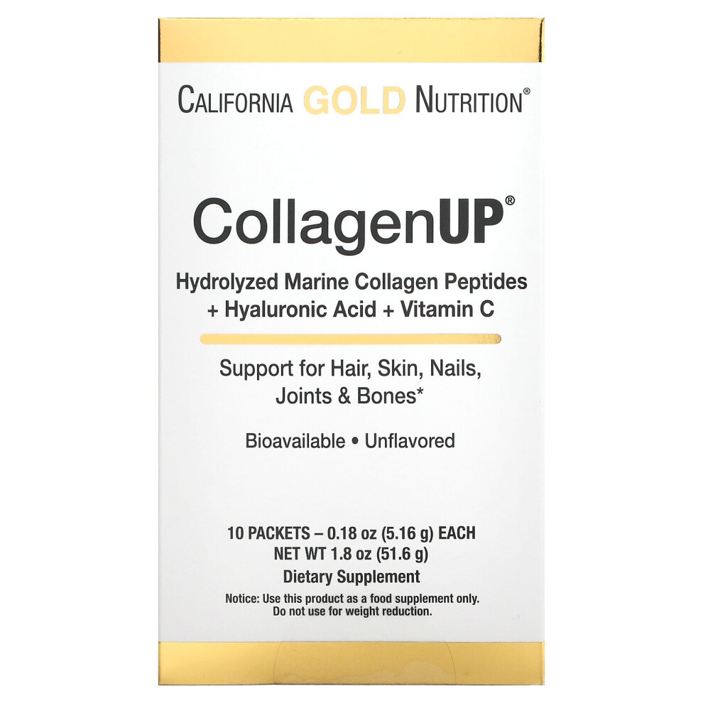 California Gold Nutrition Gold Collagenup, Hydrolyzed Marine Collagen Peptides With Hyaluronic Acid And Vitamin C, Unflavored, 10 Packets, 0.18 Oz (5.16 G) Each
