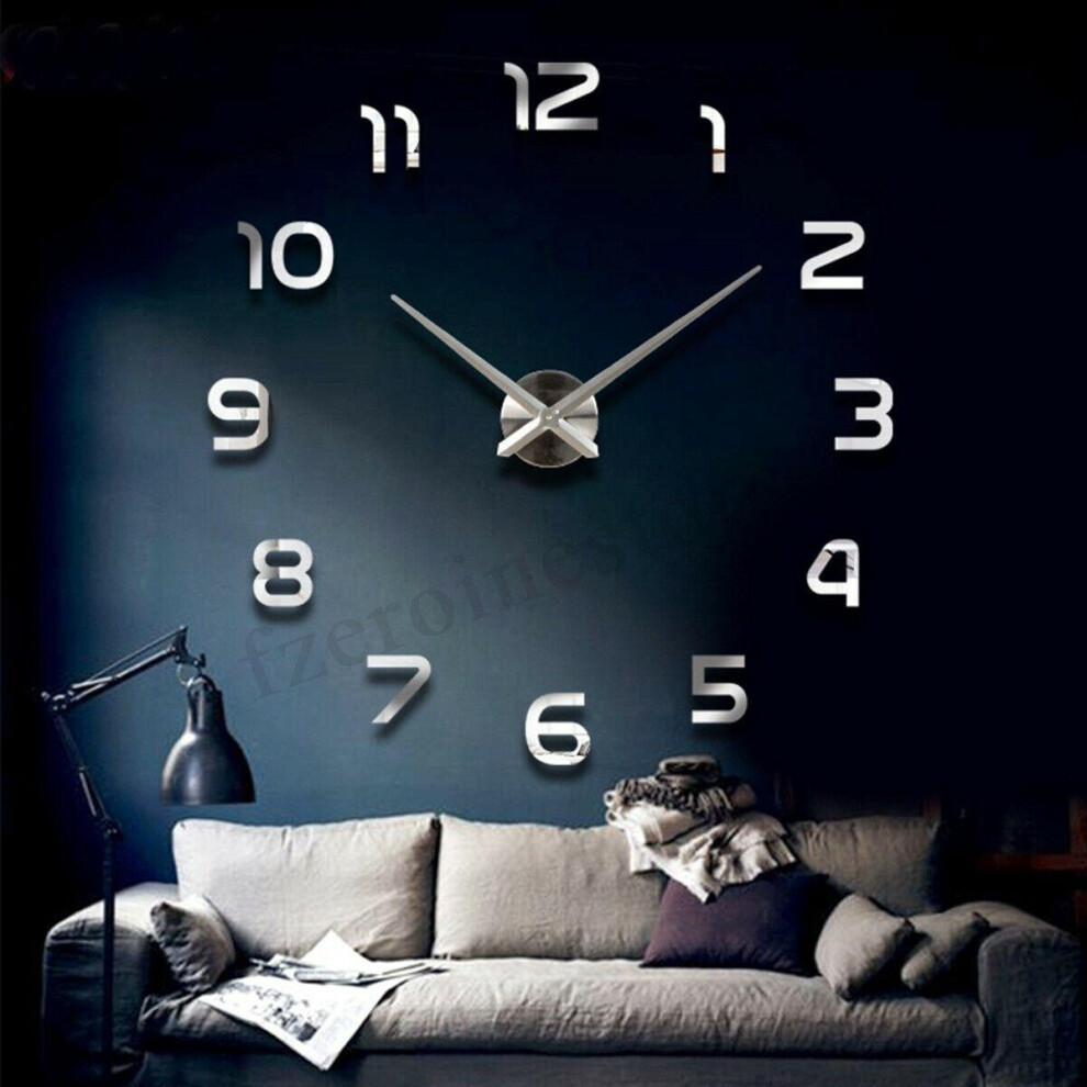(Silver) 3D DIY Wall Sticker Clock Large Size Mirror Surface  Decor Quartz