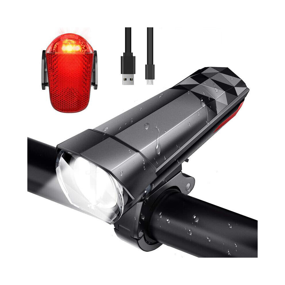 320LM Bike Light Headlight + 120LM Tail Light 3 Modes Adjustable Front Handlebar Lamp USB Charging Waterproof Flashlight