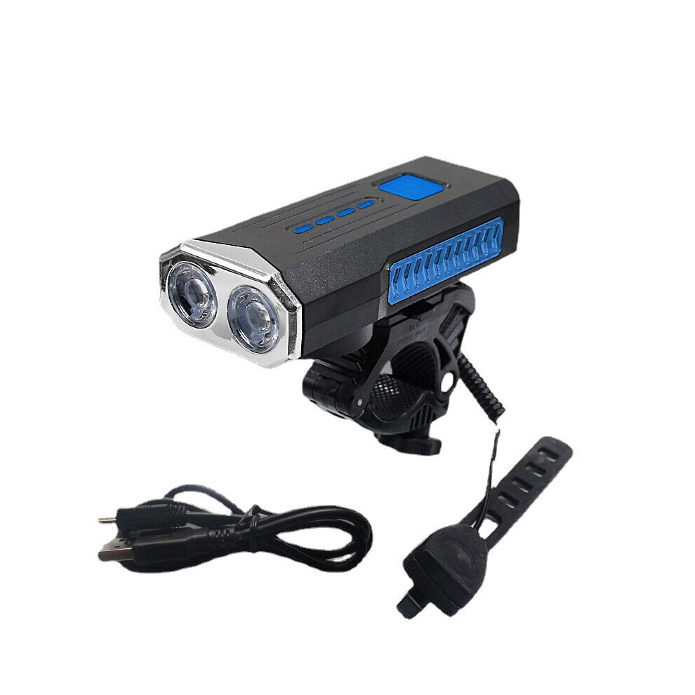 (Blue) 2-in-1 400LM 2xT6 Bike Light 3 Modes Adjustable USB Charging Bicycle Front Lamp 6 Modes 120dB Horn with Mount Holder