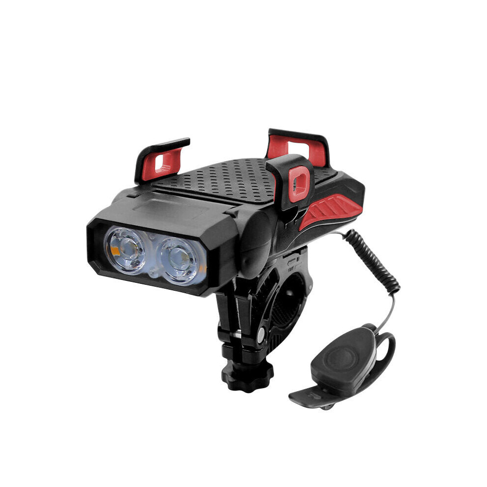 (Red, Double Light) 4-in-1 Bicycle Light 5 Gear USB Rechargeable Bike Highlight 130dB 5 Modes Horn Phone Holder Power Bank Cycling