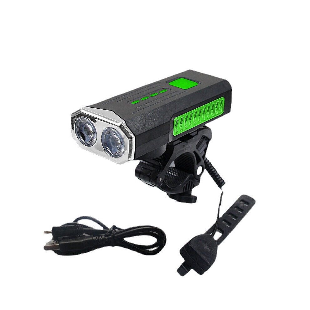 (Green) 2-in-1 400LM 2xT6 Bike Light 3 Modes Adjustable USB Charging Bicycle Front Lamp 6 Modes 120dB Horn with Mount Holder