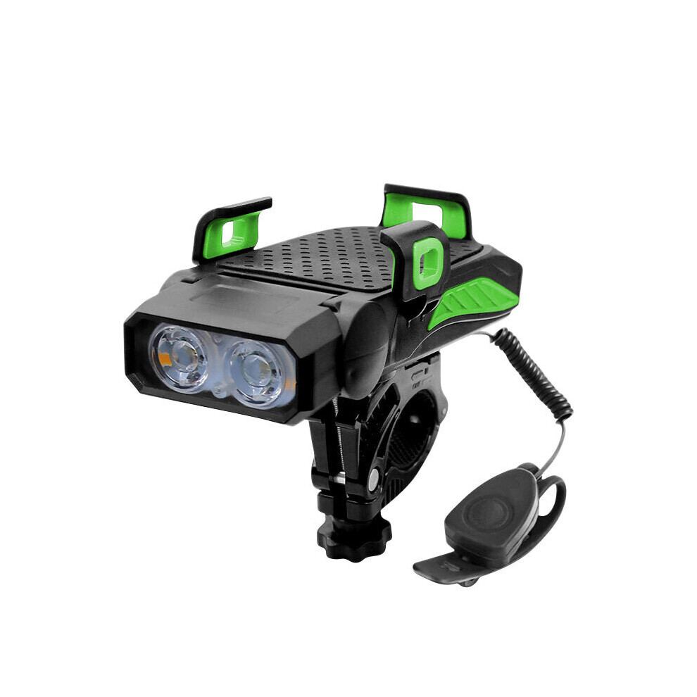 (Green, Double Light) 4-in-1 Bicycle Light 5 Gear USB Rechargeable Bike Highlight 130dB 5 Modes Horn Phone Holder Power Bank Cycling