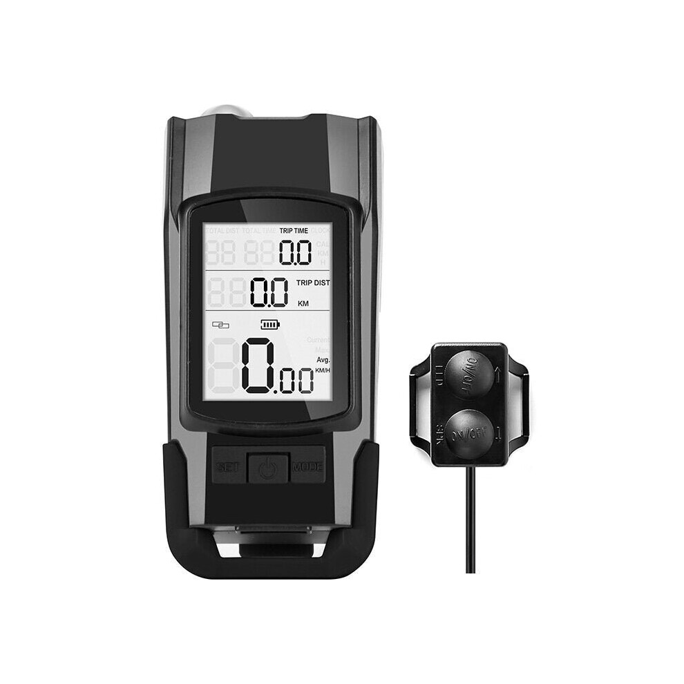 (Black) 3-in-1 Bicycle Speedometer Wireless USB Rechargeable Double T6 LED Bike Light Bike Computer with Alarm Horn