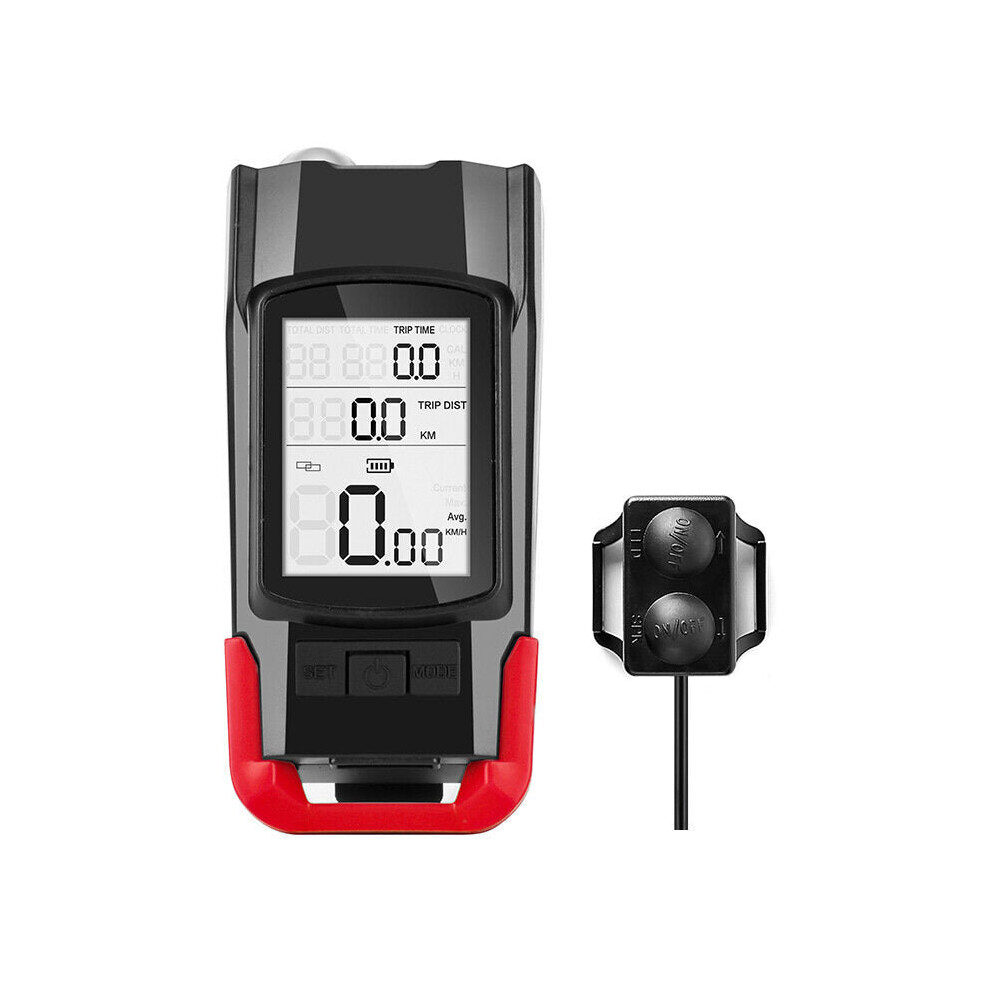(Red) 3-in-1 Bicycle Speedometer Wireless USB Rechargeable Double T6 LED Bike Light Bike Computer with Alarm Horn