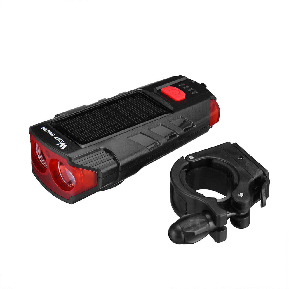 (Red) 350LM 2xT6 LED Bike Headlight 5 Modes Bicycle Solar Front Light 6 Modes 120 dB Horn USB Rechargeable Waterproof Flashlight