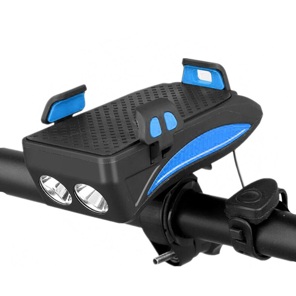 (Blue, S) 4-in-1 400lm Bike Headlight USB Rechargeable Bicycle Front Lamp 130dB Horn Power Bank Phone Holder Outdoor Cycling