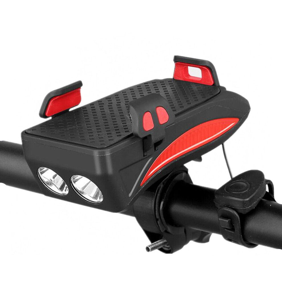 (Red, L) 4-in-1 400lm Bike Headlight USB Rechargeable Bicycle Front Lamp 130dB Horn Power Bank Phone Holder Outdoor Cycling