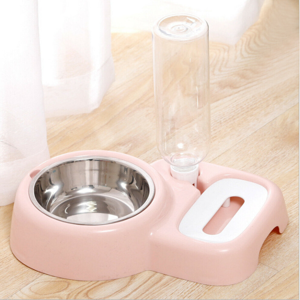 (Pink) 2 In 1 Automatic Pet Bowl 500ml Adjustable Drinking Fountain Dog Cat Food Feeder