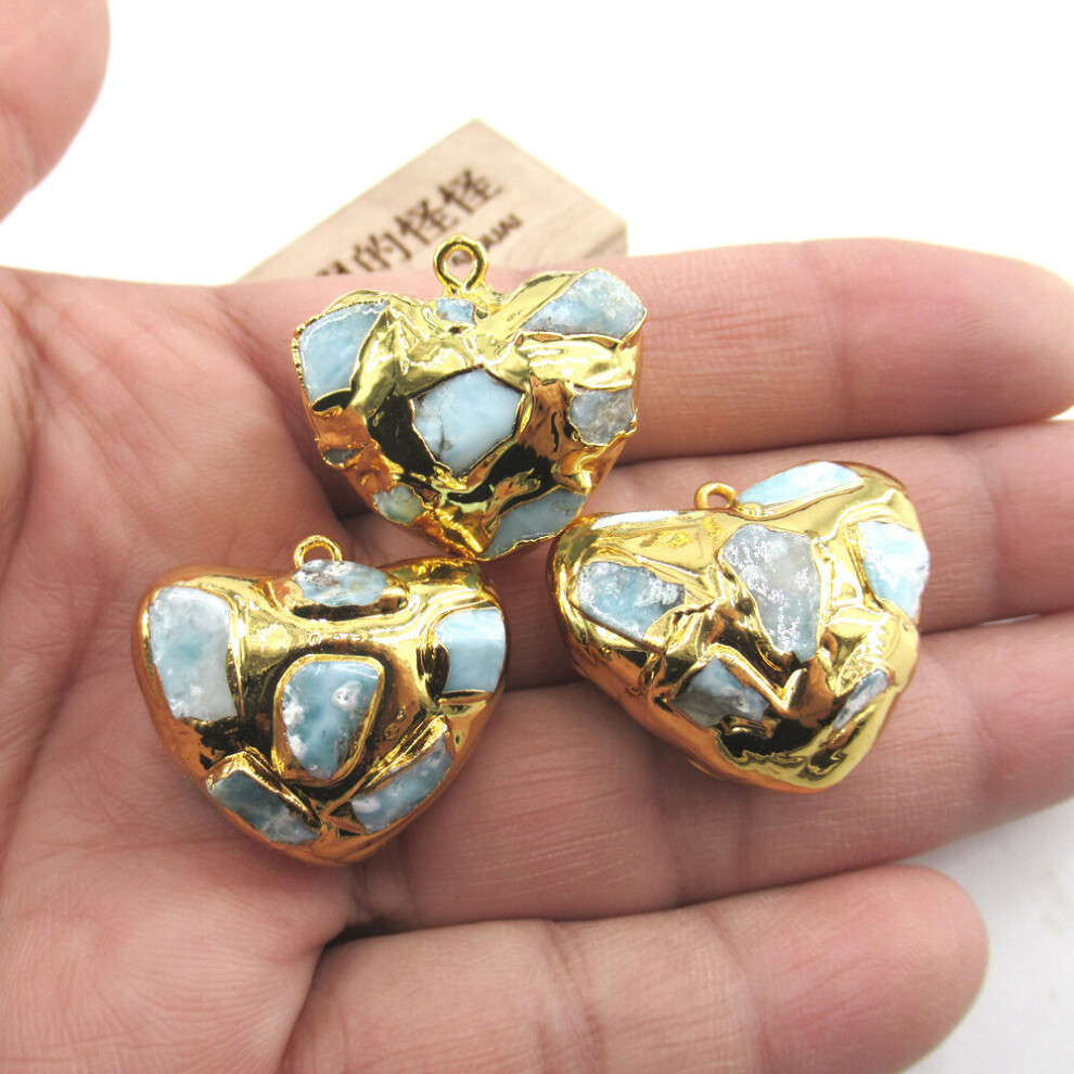 3PCS Natural Larimar Heart Shaped Pendant with 24K Metal Plated Pendants charm 28x28mm-image-OPC-PBWJDGP-NEW