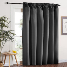 (Plain Pencil Pleat Grey) 100% Blackout Door Curtains Thermal Insulted Single Panel Curtain + TieBack