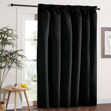 (Plain Pencil Pleat Black) 100% Blackout Door Curtains Thermal Insulted Single Panel Curtain + TieBack