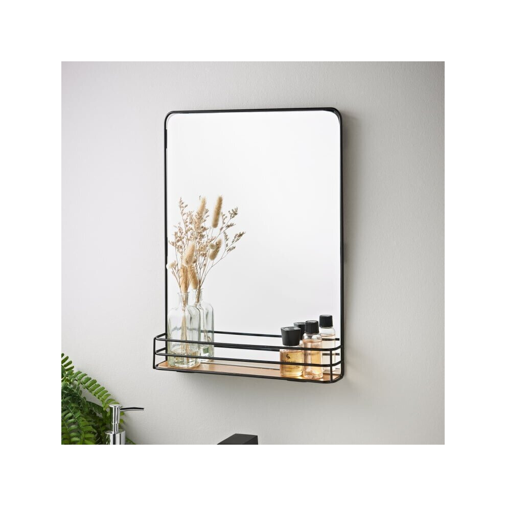 Black Mirror with Wooden Shelf for moisturisers, decorative toiletries