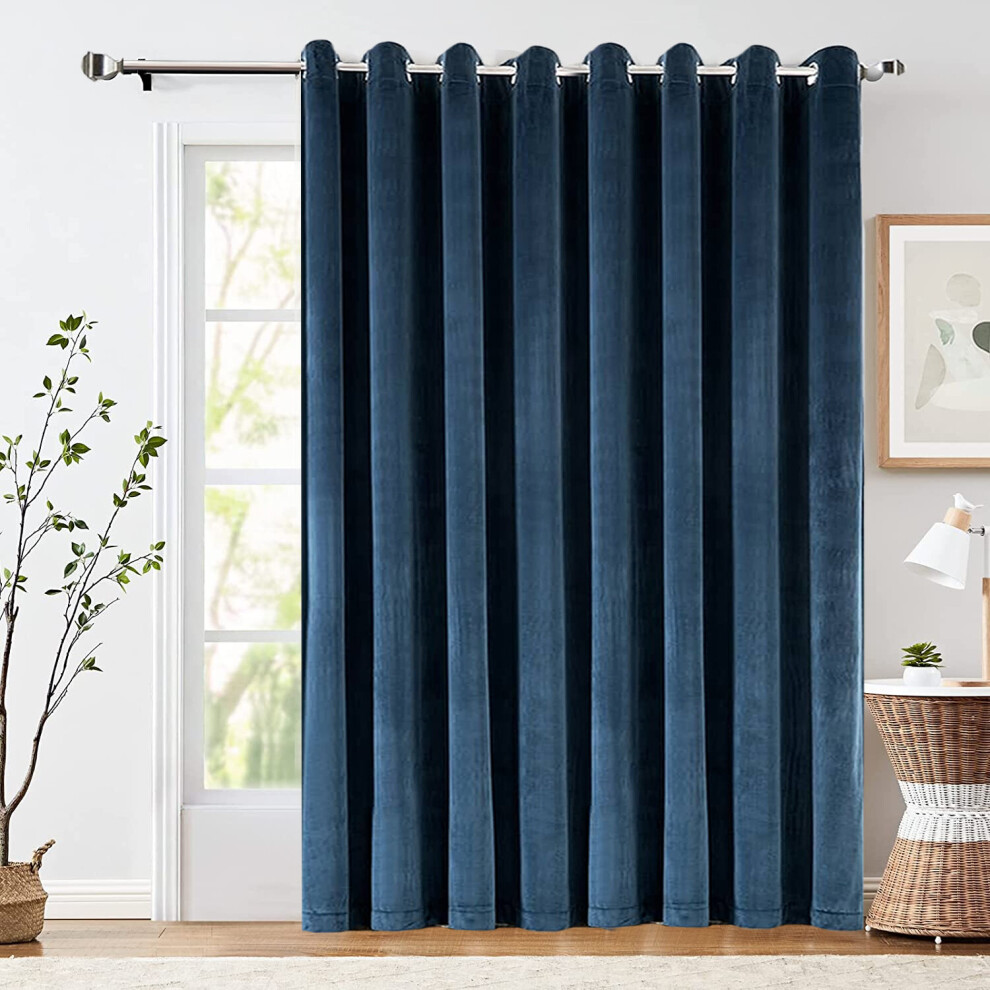(Velvet Blue) 100% Blackout Door Curtains Thermal Insulted Single Panel Curtain + TieBack