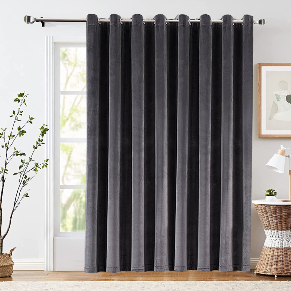 (Velvet Charcoal) 100% Blackout Door Curtains Thermal Insulted Single Panel Curtain + TieBack