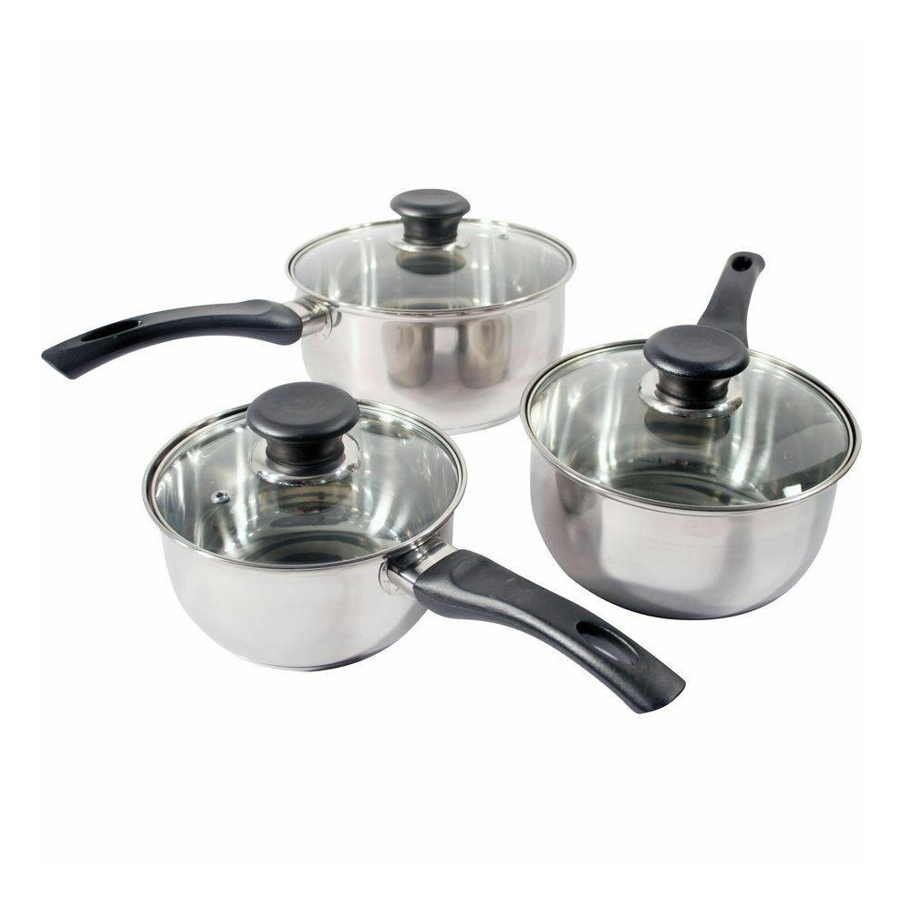 Set of 6 Stainless Steel Saucepan Cookware Pots With Vented Glass Lids | 14cm, 16cm 18cm Saucepans Kitchen Cook Ware