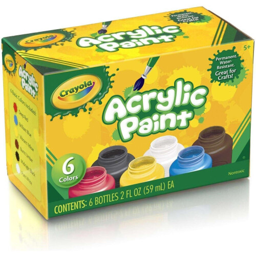 Crayola 6 x Crayons Acrylic Paint Art Tools 2 Ounce Bottles Great on Multiple Surfaces