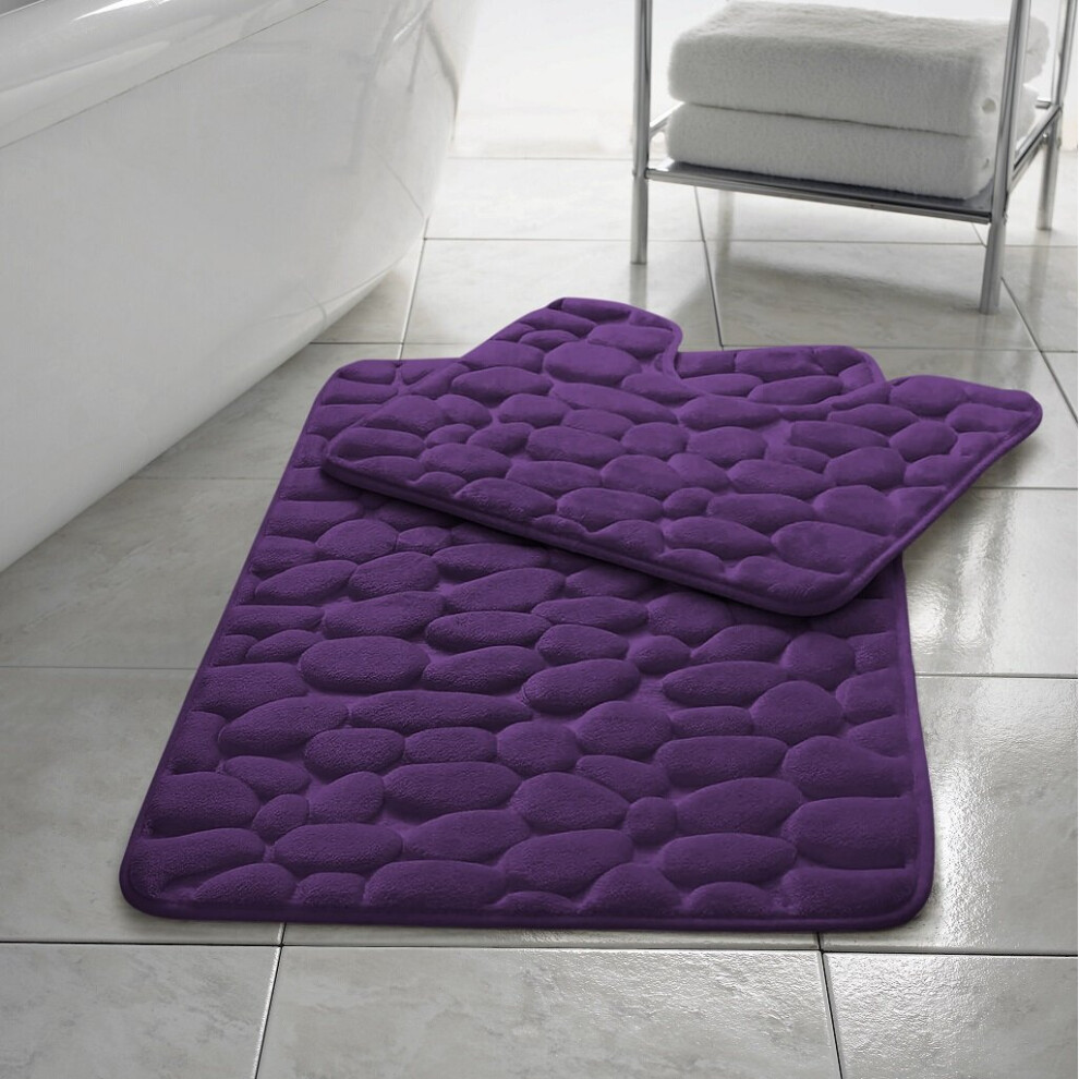 (Plum) Pebbles Non- Slip Memory Foam Bath Mat/ Toilet Mat Set