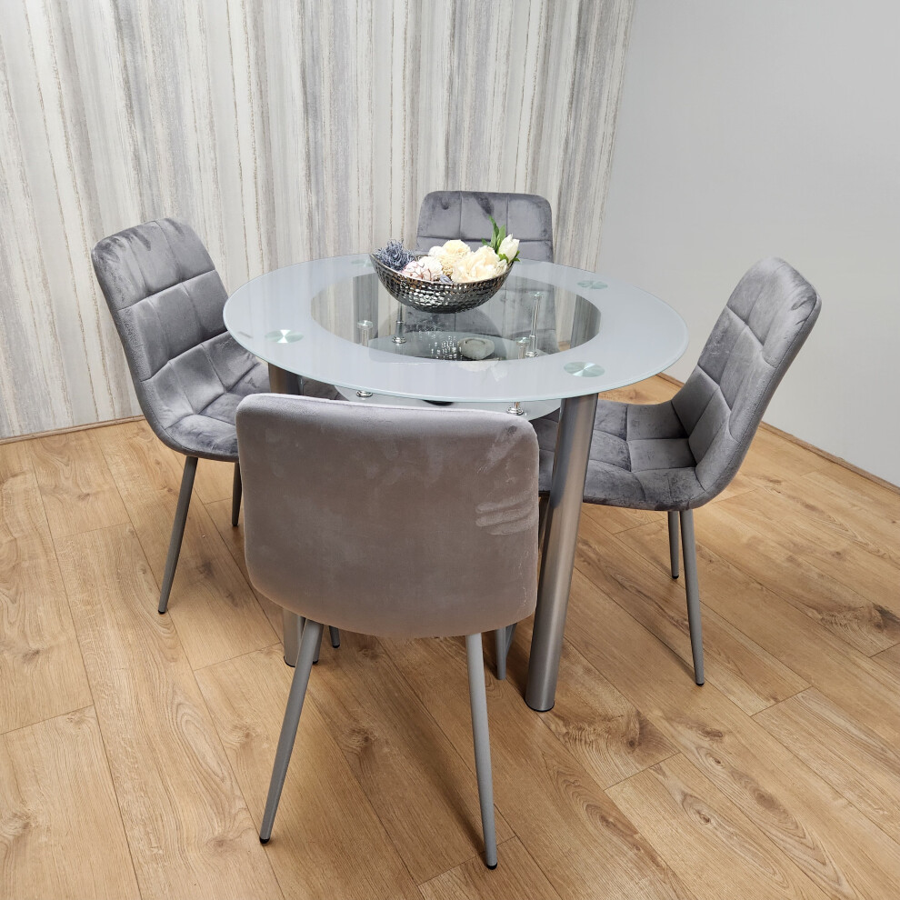 Round Glass Grey Dining Table With Storage Shelf and 4 Velvet Chairs