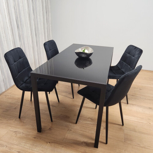 Black Kitchen Dining Table And 4 Black Tufted Velvet Chairs Set