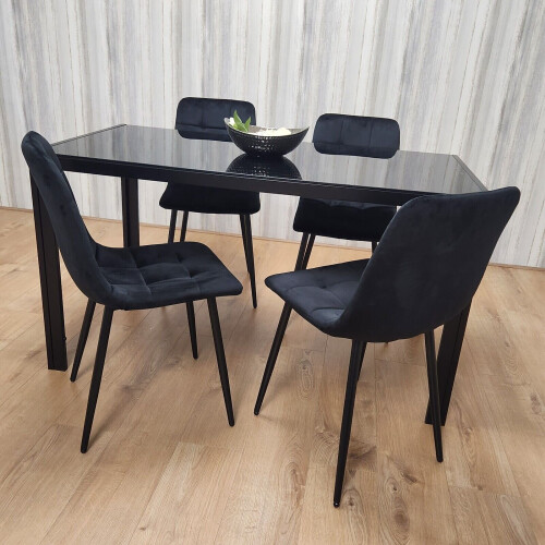 Black Kitchen Dining Table And 4 Black Tufted Velvet Chairs Set 2