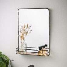 Black Wall-Mounted Bathroom Mirror with Wood Shelf | Metal Frame & Cosmetic Storage