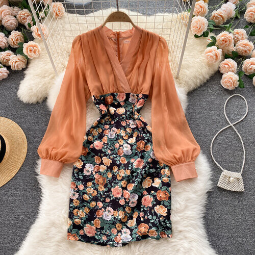 Joinyouth Chiffon Floral Dress Women Autumn Temperament Slim Waist Vestidos Office Ladies Long Sleeve Patchwork Dresses