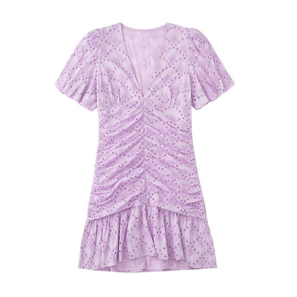 Women Sexy Cutout Embroidery Flounced Edge Solid Mini Dress Female Low V Neck Party Skirt Summer Casual Short Robe-image-OPC-PBWMWNR-NEW