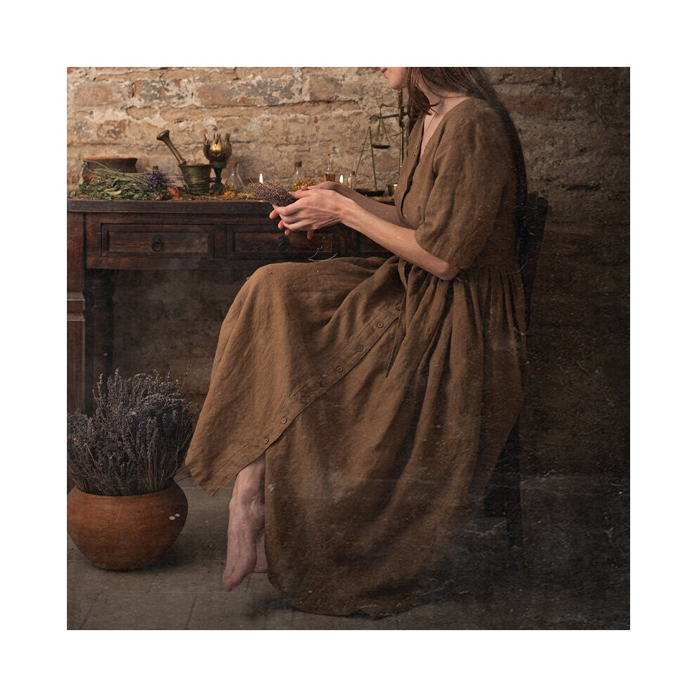 Retro Cotton Linen Women Dress V-Neck Short Sleeve Button Up Solid Streetwear Long Maxi Party Dress With Pocket And Belt-image-OPC-PBWMWQR-NEW