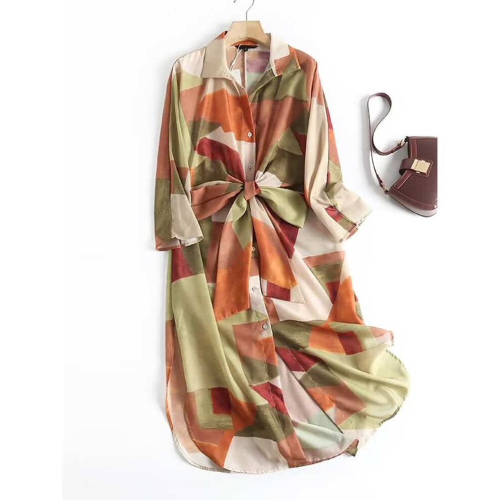 Summer Women Vintage Print With Belt Shirt Dress Long Sleeve Lapel Collar Female Loose Vestido Midi Robe-image-OPC-PBWMWSV-NEW