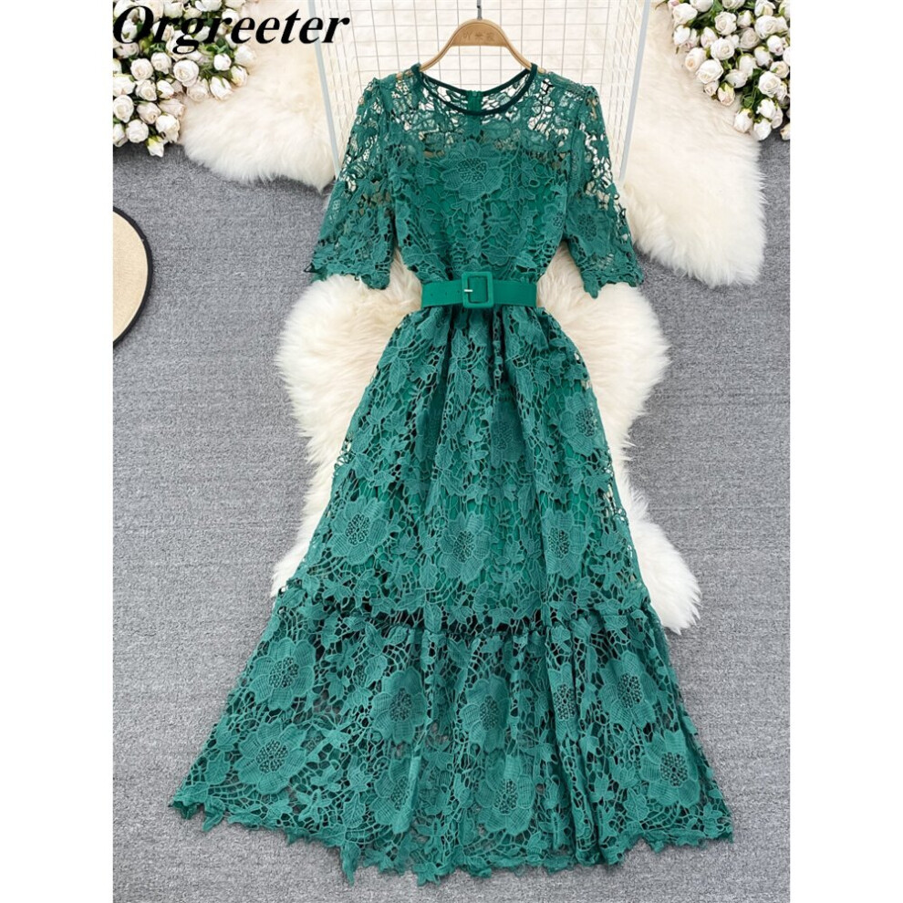High Retro Hook Flower Hollow Water Soluble Lace Long Dress for Women O-neck Short Sleeve With Belt Vestidos-image-OPC-PBWMX6P-NEW