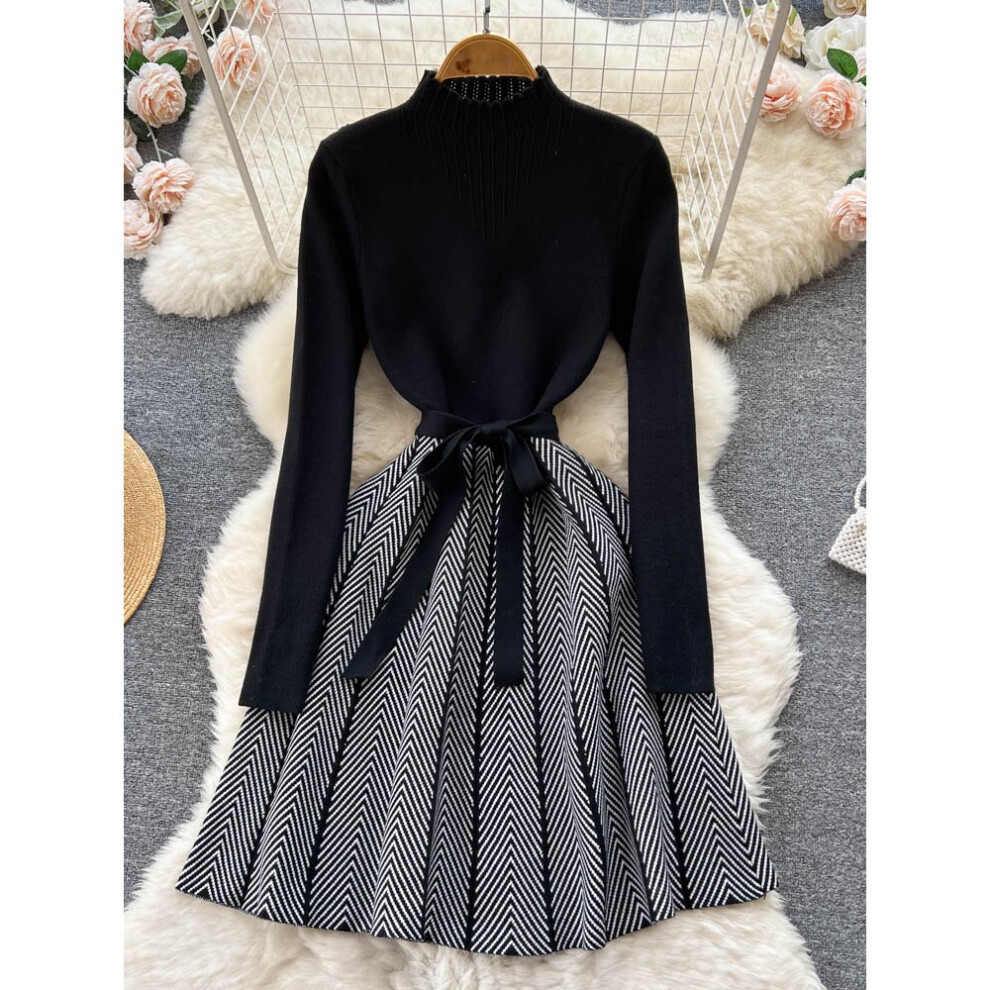 Women Knitting Sweater Dress Turtleneck Drawstring Swing Dresses Ladies Long Sleeve Stripes Knee-length A-line Winter Dress-image-OPC-PBWMXCN-NEW