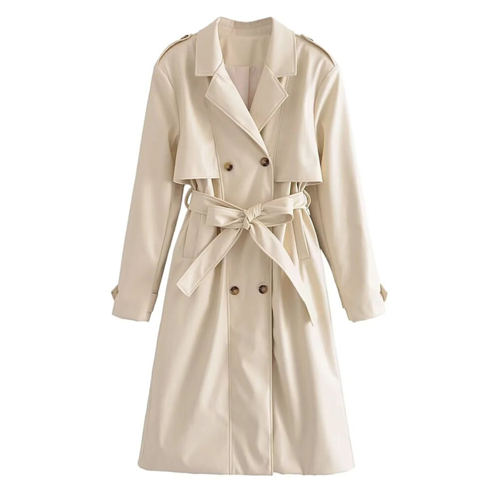 Beige PU Long Trenchs Women Notched Collar Long Sleeve Long Coats With Belt Lady Double Breasted Outerwear-image-OPC-PBWMZZ6-NEW