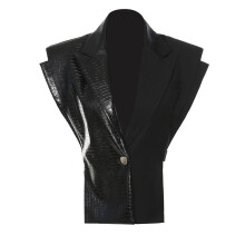 Womens Vest Notched Collar Metal Single Button Sleeveless PU Leather Patchwork Waistcoat Autumn 17A4152