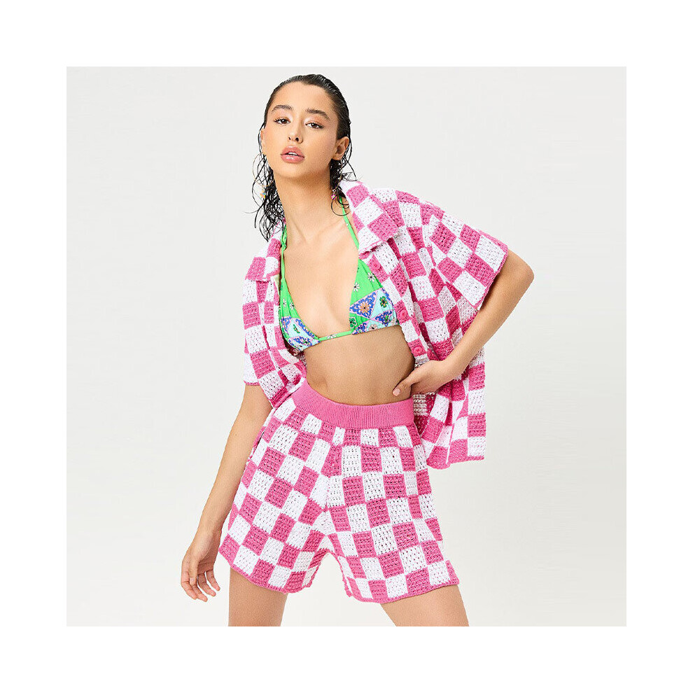 Summer WomenS Suit Two Piece Set Short Sleeve Knitted Chess Grid Splicing Shirt Casual Beach FemaleS Clothes-image-OPC-PBWN5J9-NEW